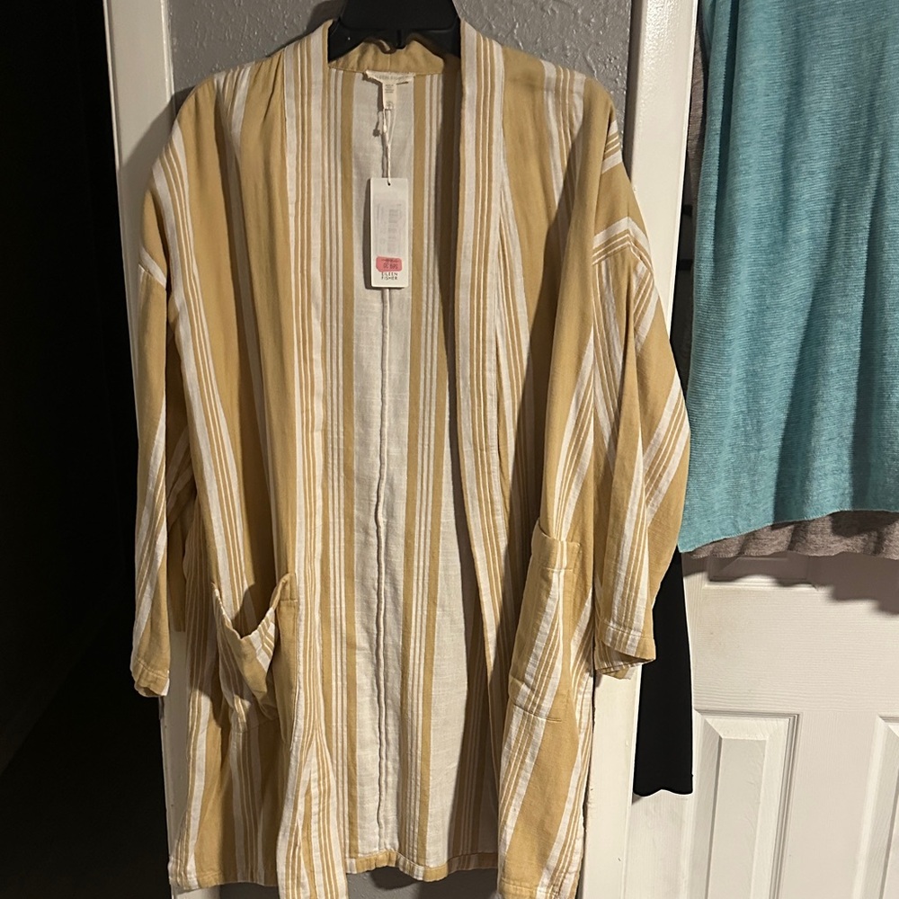 Eileen Fisher  Open-Front Striped Shirt Jacket - Mustard & White